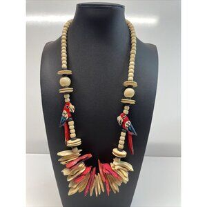 Vintage Parrot Necklace Red‎ Wooden Beads Hand Carved And Hand Painted Birds A24